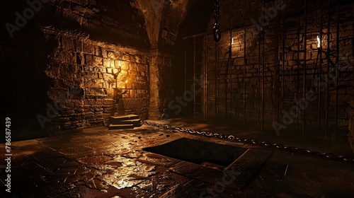 Subterranean torture chamber illuminated by flickering torch. Gloomy place, ghosts, paranormal, gothic, middle ages, ruins, dampness, mysticism, fear. Generative by AI