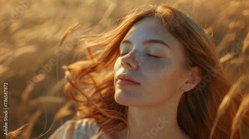 A woman with her eyes closed in a field of tall grass. Perfect for nature or relaxation concept © Fotograf