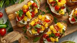 Bruschettas with roasted tomatoes cream cheese pineapple slices and herbs on a kitchen countertop prepared to serve