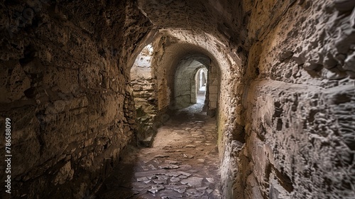 Secret underground passage leading to the heart of a medieval castle. Gloomy place  ghosts  dust  secret tunnel  paranormal  gothic  middle ages  ruins  dampness  mysticism  fear. Generative by AI