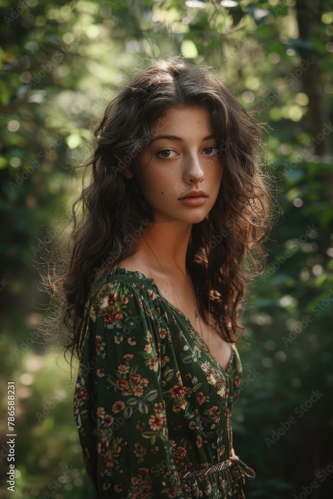 A beautiful young woman standing in a forest. Suitable for nature or outdoor themed projects A beautiful young woman standing in a forest. Suitable for nature or outdoor themed projects