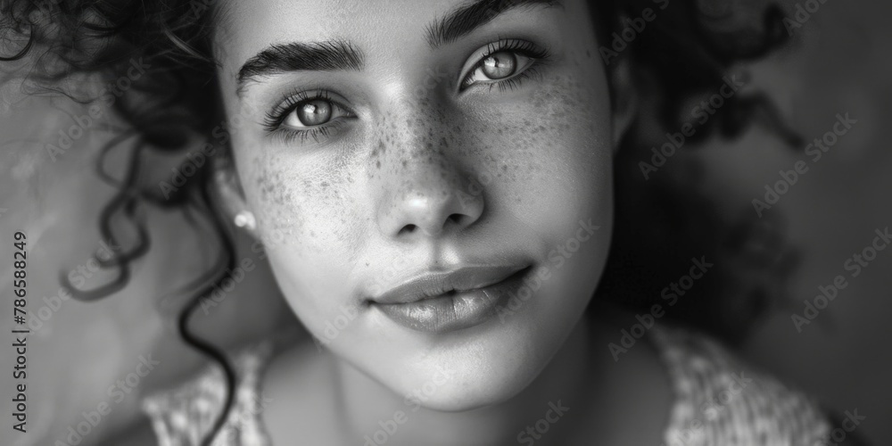 A close up of a woman with freckles on her face. Suitable for beauty and skincare concepts