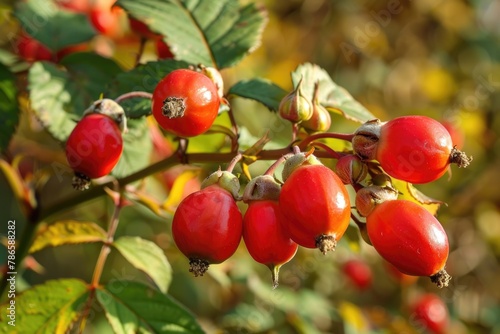 A bunch of red berries hanging from a tree. Perfect for nature or autumn themes