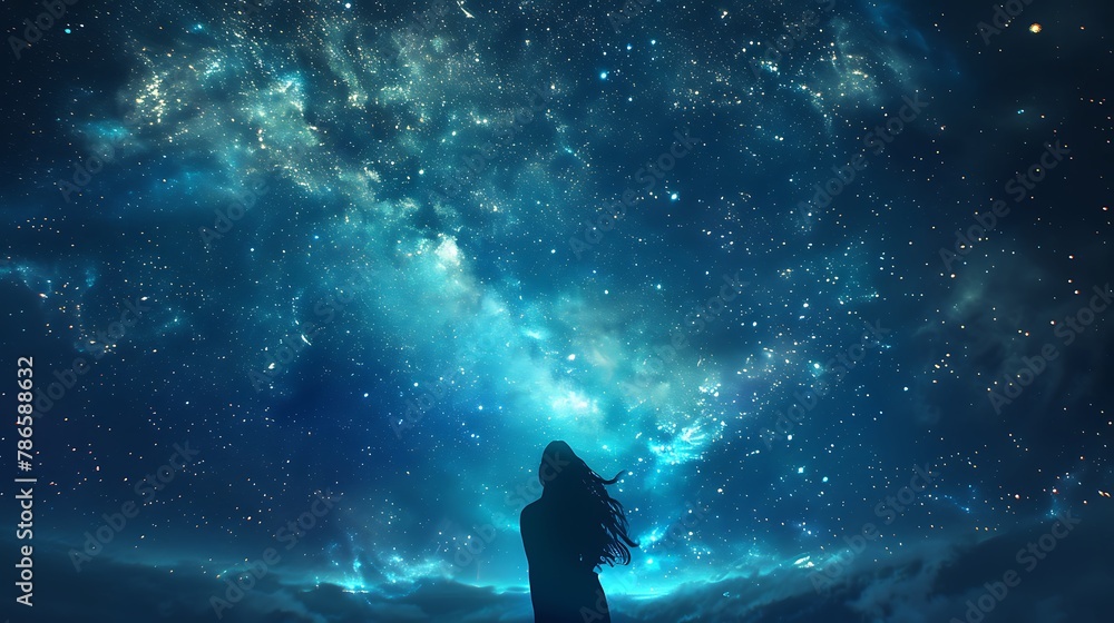 Silhouette of a woman in the magnificent Milky Way Galaxy, which lights up the night sky with countless stars.無数の星で夜空を照らす壮大な天の川銀河に女性のシルエット、Generative AI