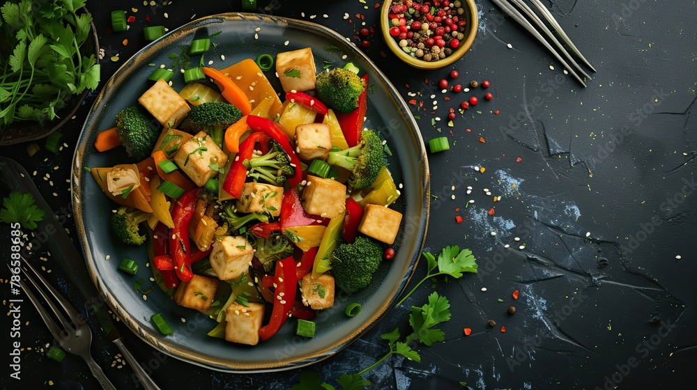 Plate of colorful vegetable stir-fry with tofu cubes. Homemade dish, serving, close-up, diet food, easy to prepare. Culinary excellence, sophistication concept. Generative by AI Plate of colorful vegetable stir-fry with tofu cubes. Homemade dish, serving, close-up, diet food, easy to prepare. Culinary excellence, sophistication concept. Generative by AI