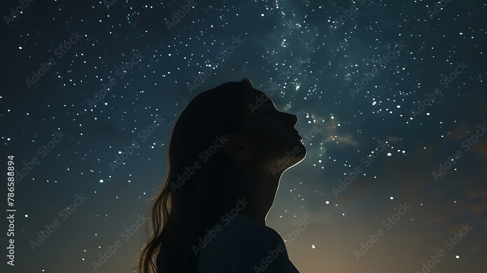Silhouette of a woman in the magnificent Milky Way Galaxy, which lights up the night sky with countless stars.無数の星で夜空を照らす壮大な天の川銀河に女性のシルエット、Generative AI - obrazy, fototapety, plakaty 