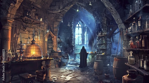 Medieval laboratory, apartment for alchemy, experiments. Deep underground room, bottles, disorder, alchemy equipment, dampness. Researchers room hidden from prying eyes concept. Generative by AI