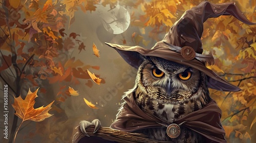 Owl in a wizard costume, sorcerer, medieval theme, feathered, bird. Mascot, wild animal, surrealism, close-up, realistic style, witchcraft. Wild creature in human clothing concept. Generative by AI