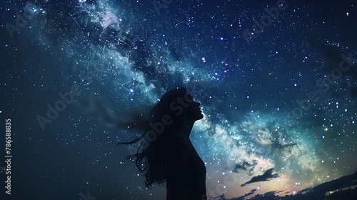 Silhouette of a woman in the magnificent Milky Way Galaxy, which lights up the night sky with countless stars.無数の星で夜空を照らす壮大な天の川銀河に女性のシルエット、Generative AI © lime