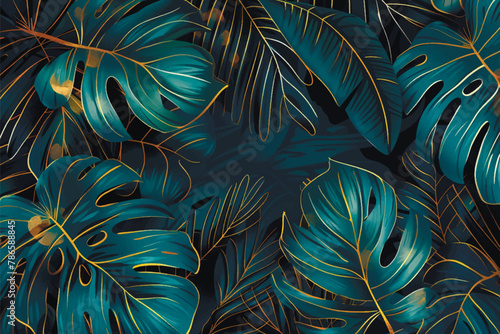 Tropical gold lines monstera leaves 3d pattern background illustration. Leafy vector backdrop. Surface tropic plants luxury wallpaper. Beautiful botanical pattern. Ornate drawing texture