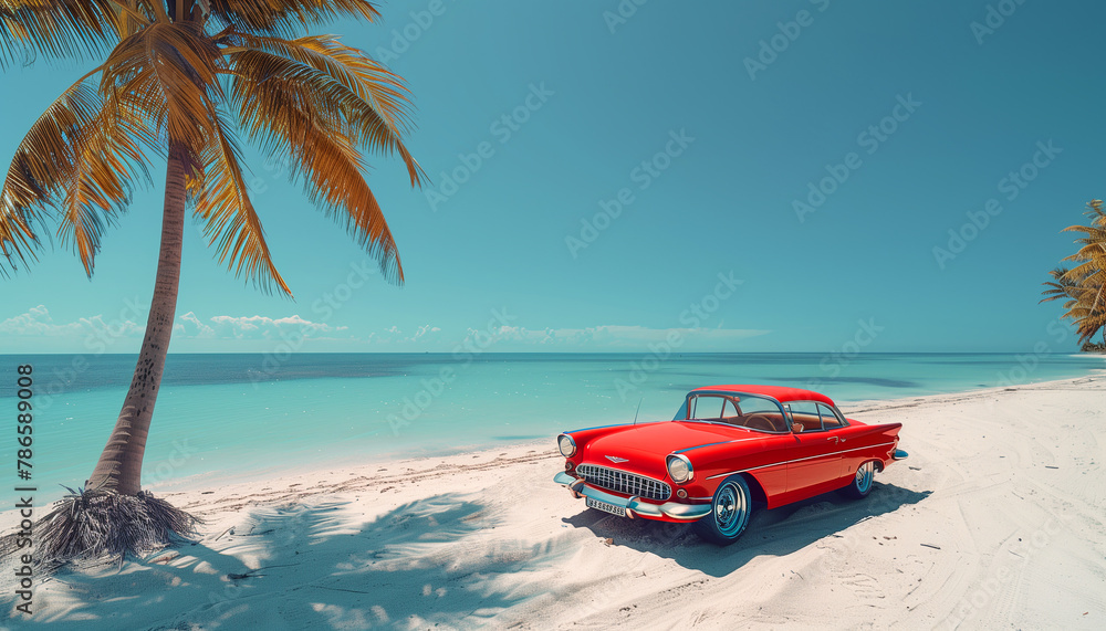 Classic red car parked by the shore, evoking nostalgia and summer vibes with its vintage charm against a backdrop of palm trees and ocean waves. Gataway and retro traveling in exotic Caribean concept