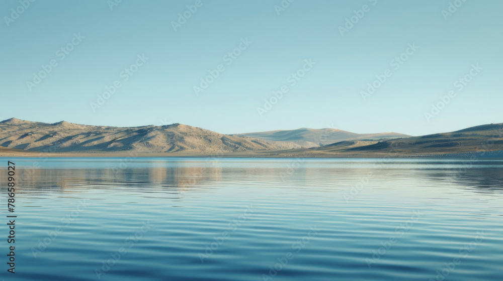 A tranquil scene featuring a nearby water surface and distant mountains, all bathed in a soothing blue hue, evoking a sense of sophistication and serenity