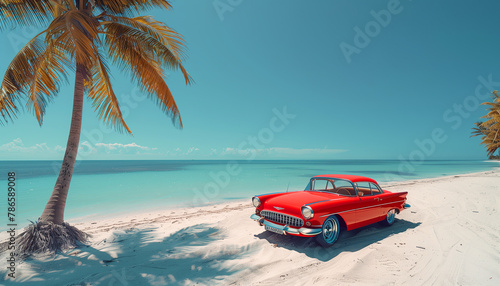 Classic red car parked by the shore  evoking nostalgia and summer vibes with its vintage charm against a backdrop of palm trees and ocean waves. Gataway and retro traveling in exotic Caribean concept
