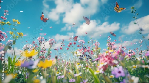 Vibrant field with colorful flowers and fluttering butterflies. Perfect for nature and springtime themes