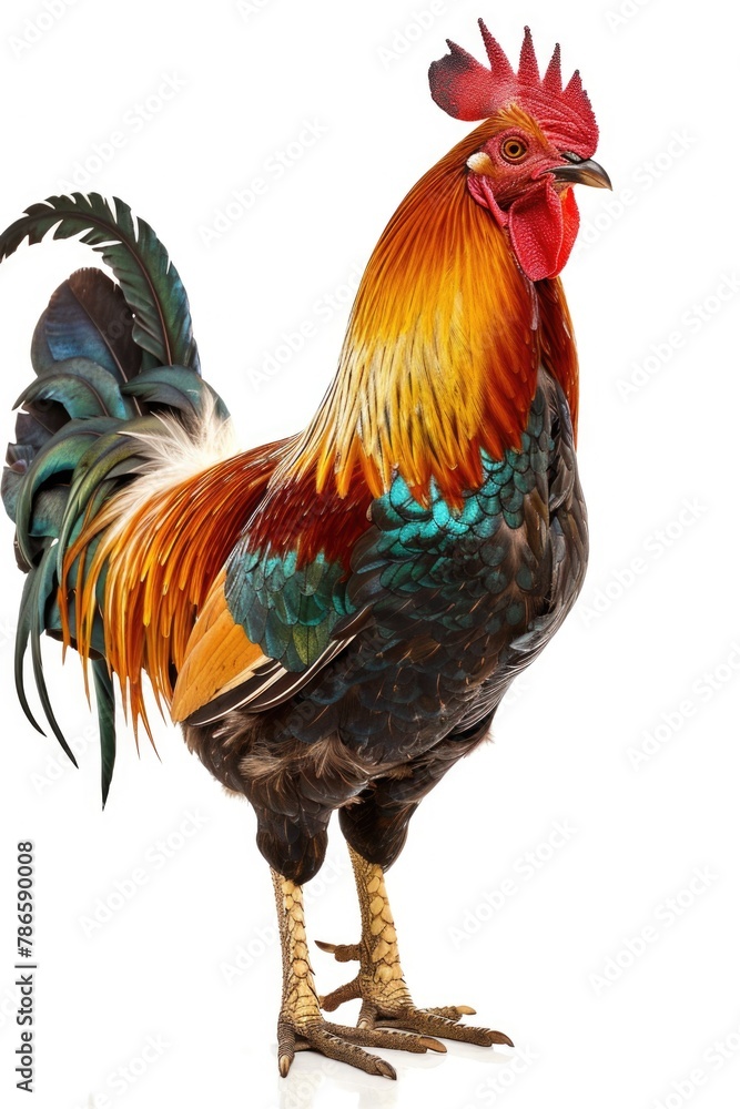 Fototapeta premium Vibrant rooster standing on a plain white background. Suitable for farm or animal themes