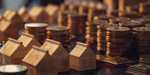Wooden houses perched on top of stacks of coins, ideal for finance and real estate concepts photo