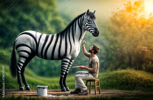 Mann malt schwarze Streifen auf einem weißen Pferd, Man painting black stripes on a white horse photo