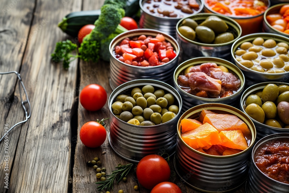 Various canned vegetables meat fish and fruits in tin cans, canned foods, canned vegetables, canned meat, canned fish, food, salad, tomato, vegetable, meal, cheese, meat, dinner, healthy, plate, peppe Various canned vegetables meat fish and fruits in tin cans, canned foods, canned vegetables, canned meat, canned fish, food, salad, tomato, vegetable, meal, cheese, meat, dinner, healthy, plate, peppe