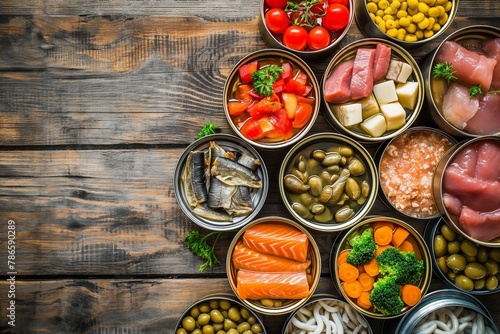 Various canned vegetables meat fish and fruits in tin cans, canned foods, canned vegetables, canned meat, canned fish, food, salad, tomato, vegetable, meal, cheese, meat, dinner, healthy, plate, peppe