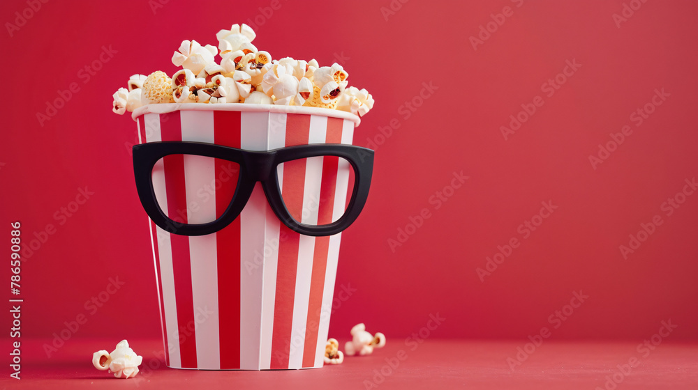Movie night concept pop corn glasses bright red