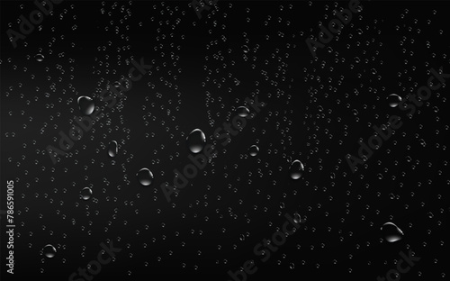 Rain transparent drops flow down the glass.Realistic wet condensation texture.Fresh water splash effect on the surface.Liquid spreading droplet shapes.