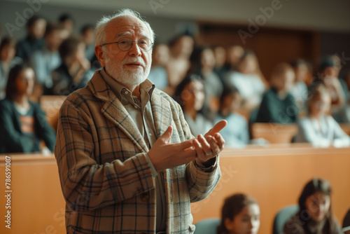 Engaging professor delivers lecture in classroom, fostering interactive learning environment.