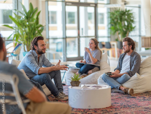 A male tech founder leads a casual team meeting in a modern office lounge, fostering a relaxed and collaborative work environment.