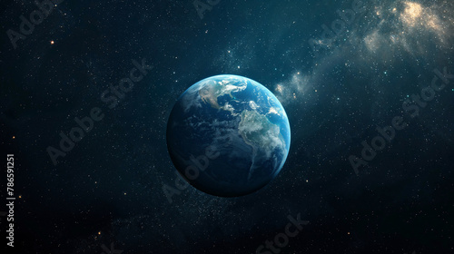 Planet Earth floats in the vast darkness of space, a blue marble against the backdrop of the Milky Way galaxy.