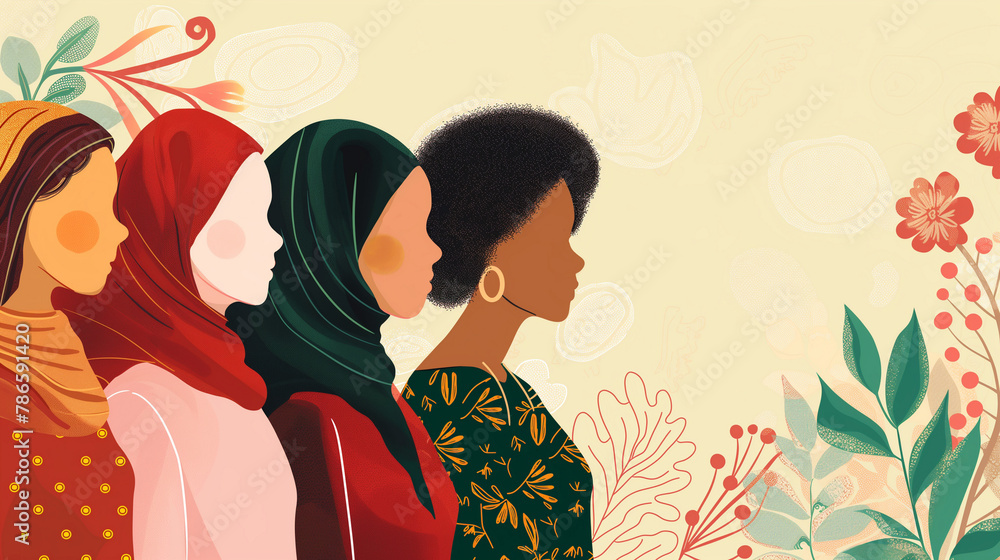 Women of different ethnicities together illustration, women's Day background, woman empowerment, women of different ethnicities, women background, women banner