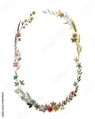 Wildflowers oval watercolor wreath isolated illustration with thin spikelets and twigs. Hand painted meadow wild flower floral frame with white and beige background for invitation and card template.