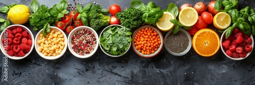 Wholesome table arrangement: fresh foods with room for text.