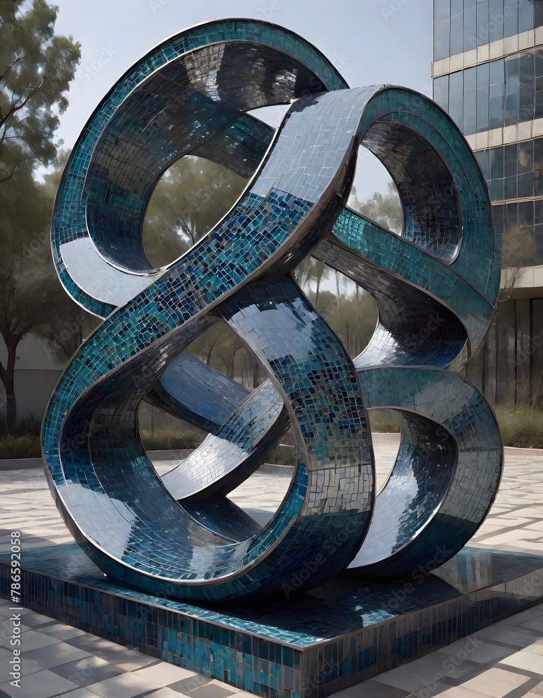 Interwoven metallic structure in outdoor setting, generated with AI. - obrazy, fototapety, plakaty 