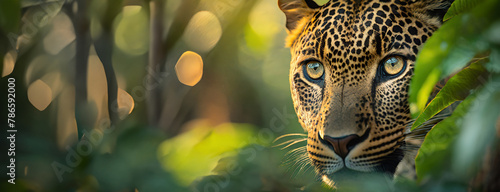 Leopard Gazing Intently Through the Jungle Underbrush. Spotted wildcat peering through dense foliage with sharp focus. Big cat's stare embodies the wild's untamed essence.