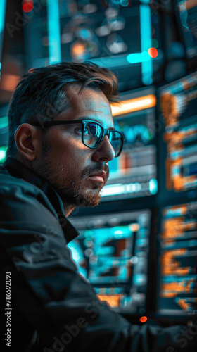 A Cybersecurity Analyst Investigating security incidents or breaches, coordinating incident response efforts, and mitigating potential damage, realistic people photography