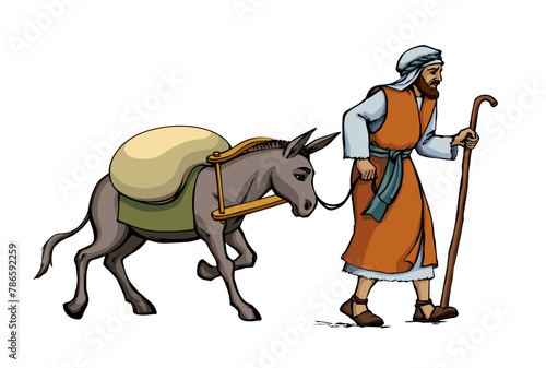 Vector drawing. Donkey loaded with cargo