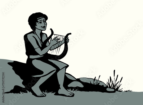 Vector drawing. Guy playing the harp