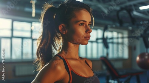 A woman with a ponytail working out in a gym. Perfect for fitness and health-related designs