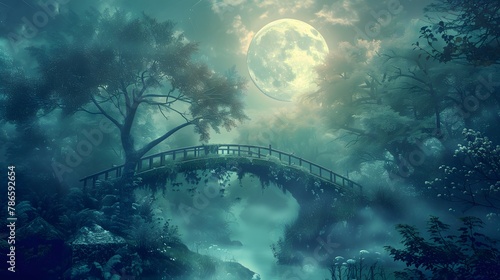Fantasy magical enchanted fairy tale forest landscape. mystical forest with a bridge and a full moon. dreamy fairy landscape, magic fairyland