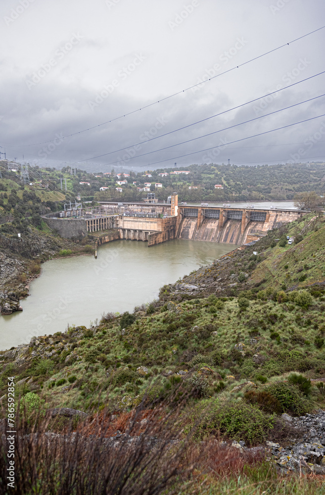 Villalcampo Dam or waterfall, on the Duero River in Zamora, Spain