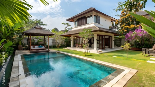 Exterior view of a modern tropical villa with swimming pool and gazebo