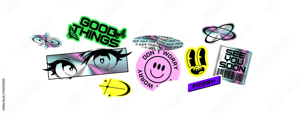 Trendy holographic Y2K sticker illustration set. Retro 2000s text quote label collection. Iridescent metallic texture tag with love heart, anime cartoon and party message. Gen z cyber style bundle.	
