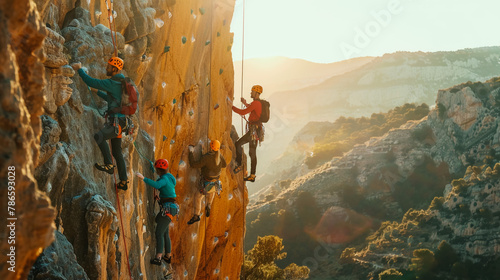 Adventure seekers of different ethnicities rock climbing together, demonstrating teamwork and inclusion 