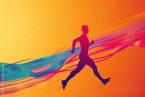 Silhouette of running man with vibrant, colorful motion trails against orange background