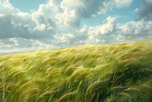 Witness the mesmerizing sight of a wheat crop swaying vigorously in a strong wind  capturing the intricate details of the wheat moving in the breeze