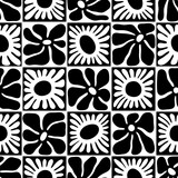 Black and white floral seamless pattern illustration. Vintage style hippie flower background design. Geometric checkered wallpaper print, spring season nature backdrop texture with daisy flowers.	
