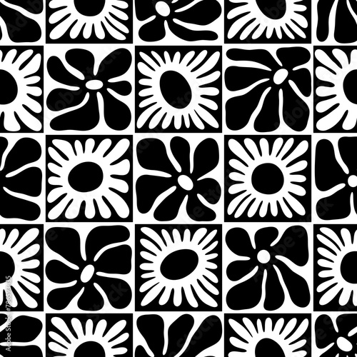 Black and white floral seamless pattern illustration. Vintage style hippie flower background design. Geometric checkered wallpaper print, spring season nature backdrop texture with daisy flowers.   © Dedraw Studio