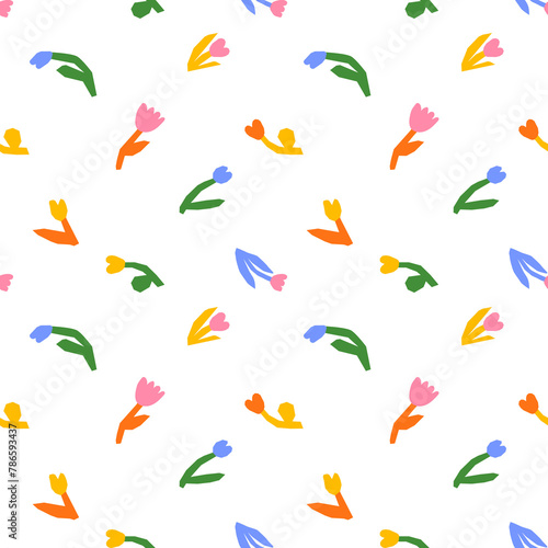 Colorful flower seamless pattern illustration. Children style floral doodle background, funny basic nature shapes wallpaper. 