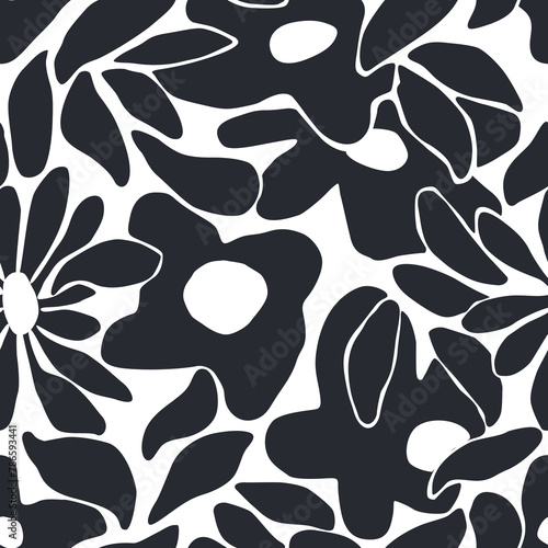 Abstract black and white flower art seamless pattern. Trendy contemporary floral nature shape background illustration. Natural organic plant leaves artwork wallpaper print. Vintage spring texture.  © Dedraw Studio