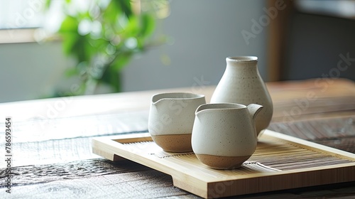 Set of Japanese sake with traditional ceramic cups and bamboo cane. Alcohol, glass, bar, club, quality drink, cocktail. People enjoy aromatic drinks and company of friends concept. Generative by AI photo