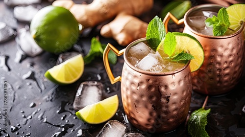 Ice-cold Moscow mule cocktail served in copper mug with ging and lemon. Alcohol, glass, bar, club, quality drink, cocktail. People enjoy aromatic drinks, company of friends concept. Generative by AI